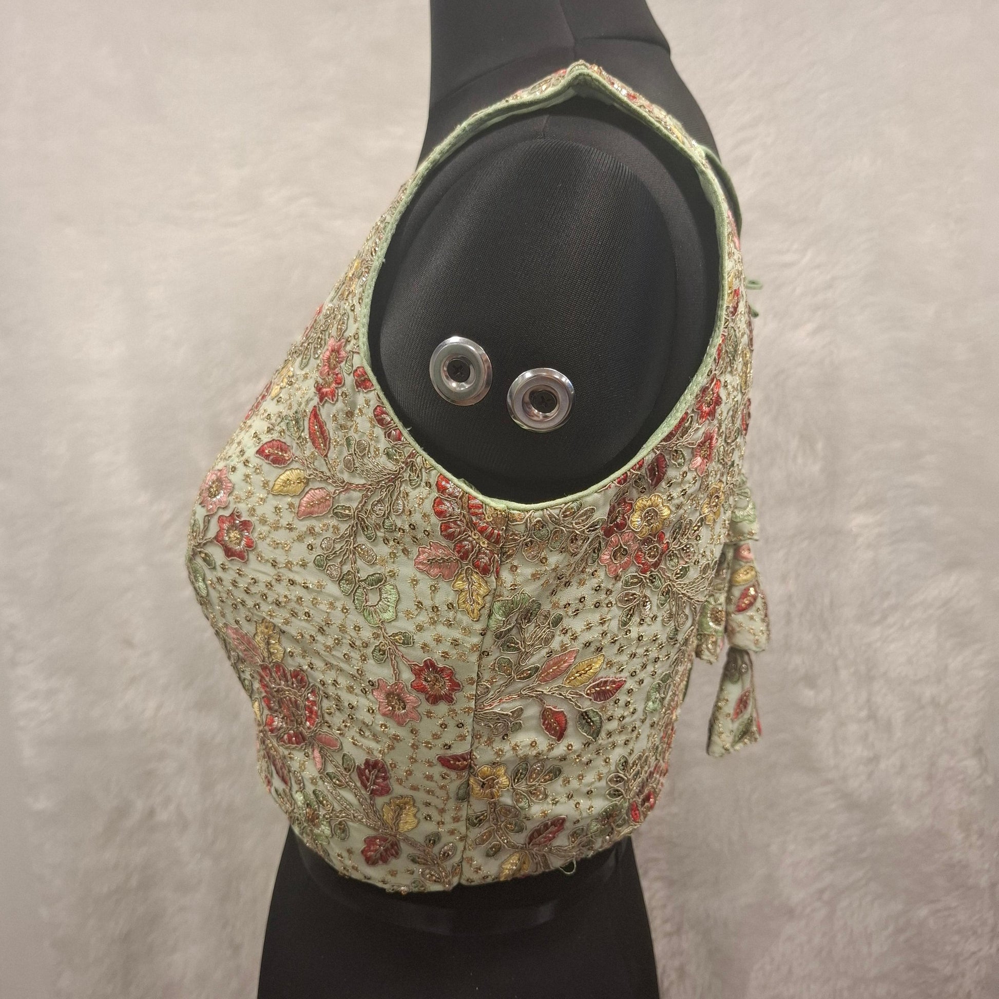 Kia Fashions Pistachio Green Georgette Multi Color Emb & Sqn Readymade Blouse 