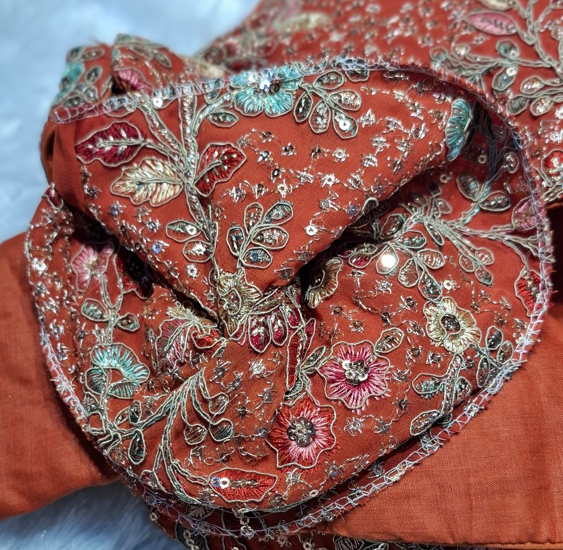 Kia Fashions Rust Georgette Multi Color Emb & Sqn Readymade Blouse 