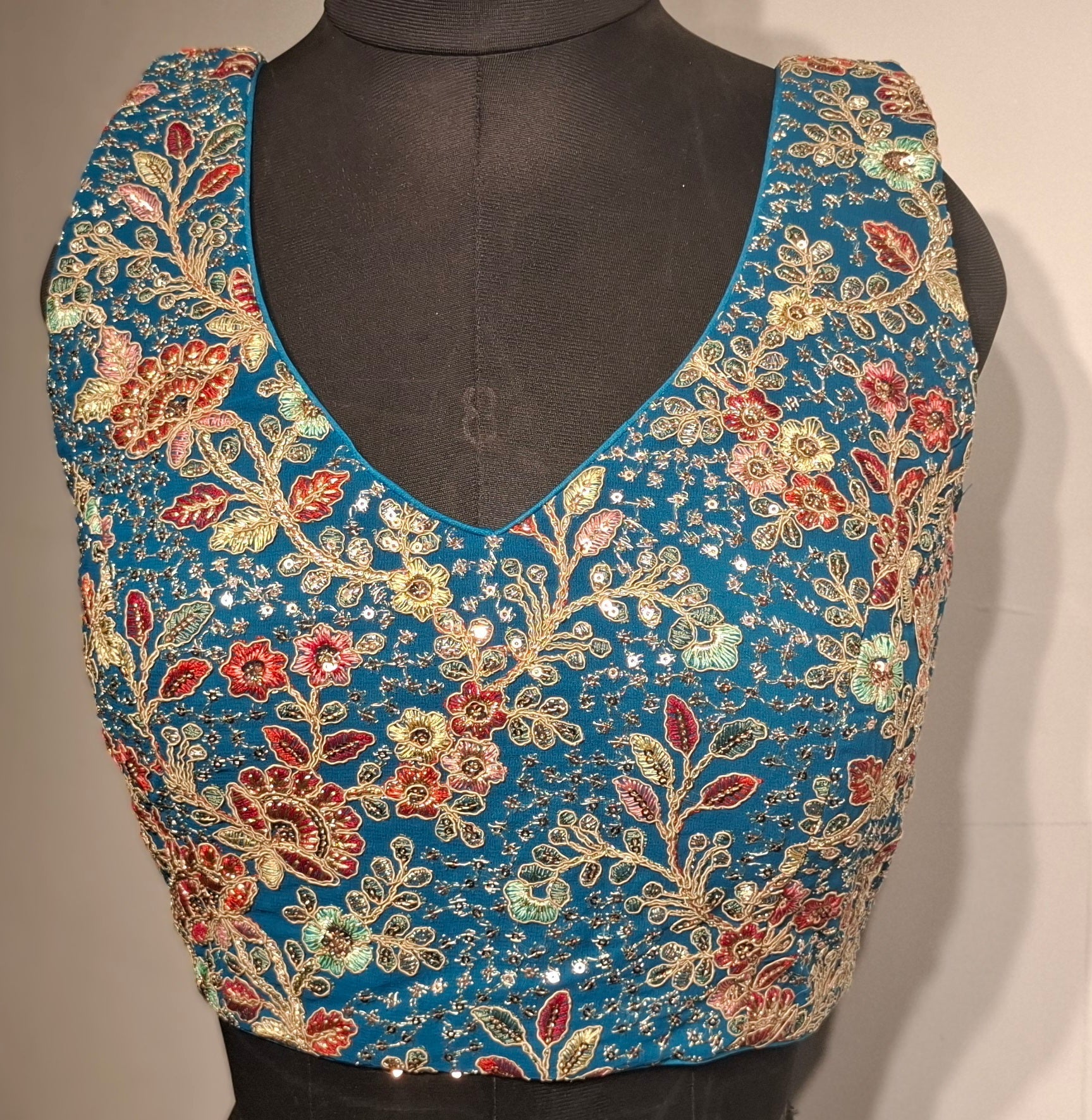 Kia Fashions Turquoise Blue Georgette Multi Color Emb & Sqn Readymade Blouse 