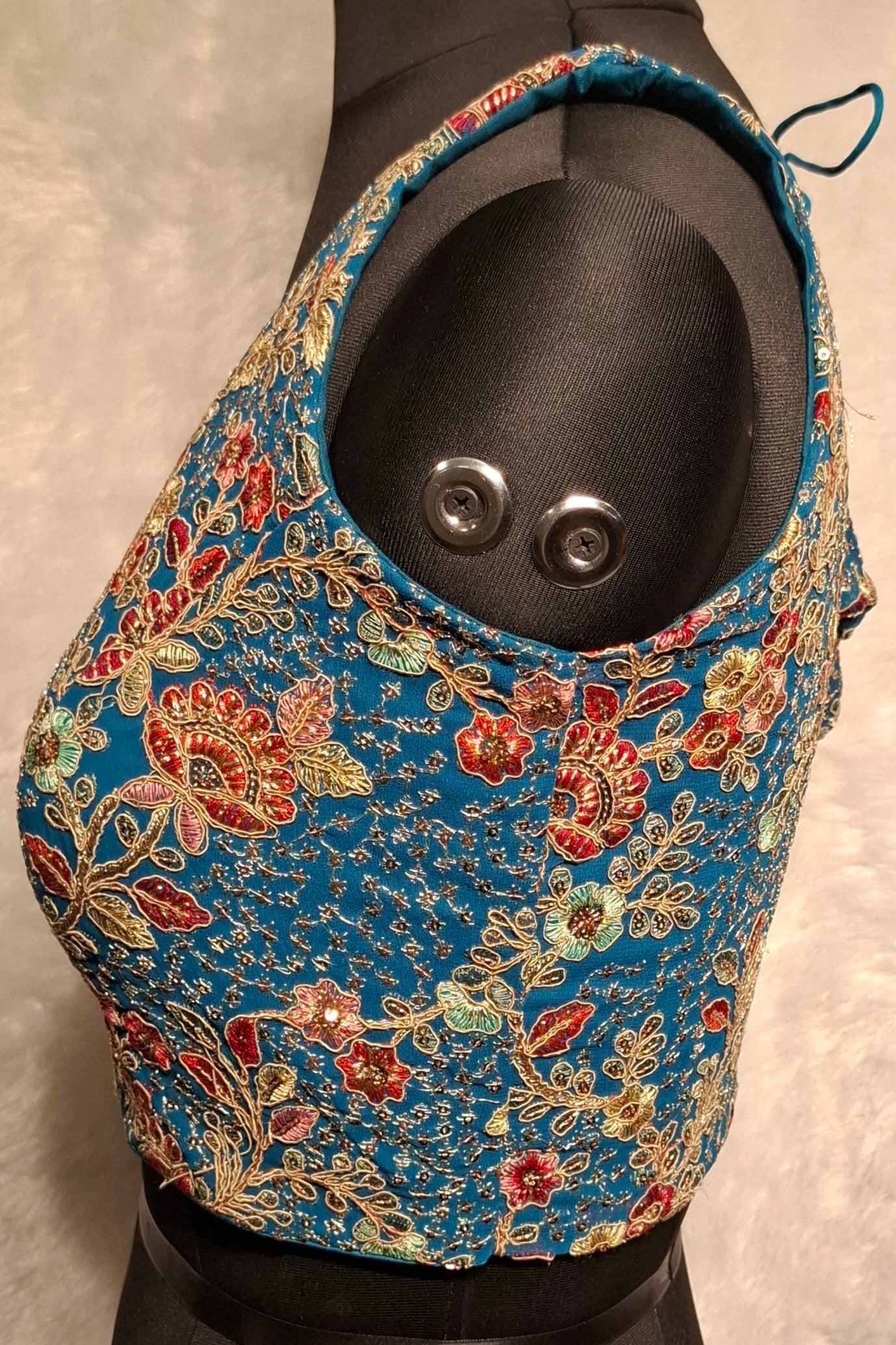 Kia Fashions Turquoise Blue Georgette Multi Color Emb & Sqn Readymade Blouse 