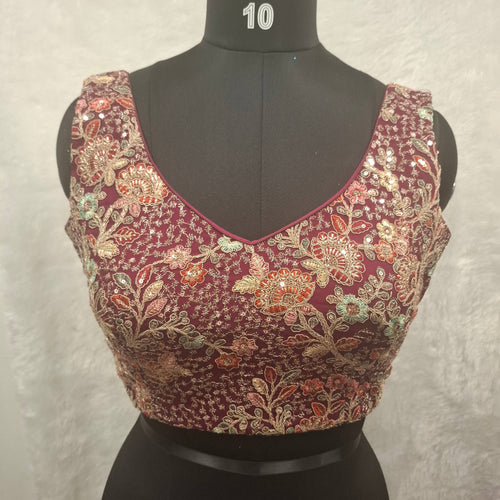 Kia Fashions Wine Georgette Multi Color Emb & Sqn Readymade Blouse