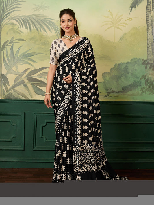Dwija Fashion Women'S Party Wear Digital Printed With Mirror Work Chinon Silk Designer Saree With Unstitched Blouse-Black