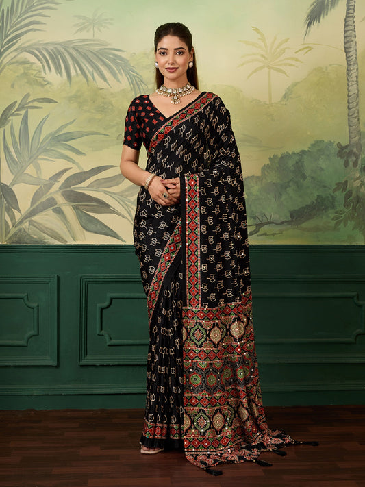 Dwija Fashion Women'S Party Wear Digital Printed With Mirror Work Chinon Silk Designer Saree With Unstitched Blouse-Black