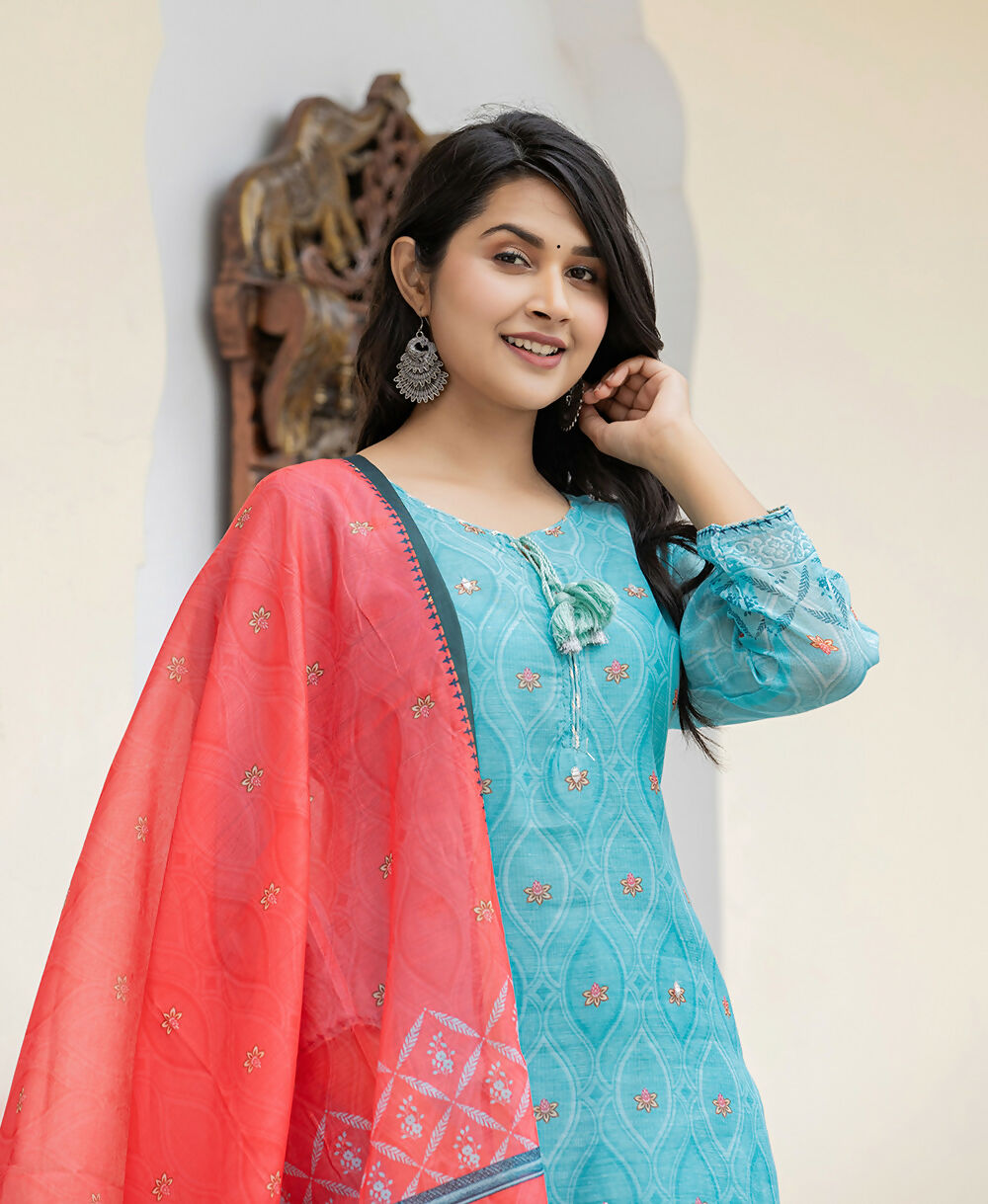 Kaajh Women's Sky Blue Printed Chanderi Kurta Pant Set With Dupatta