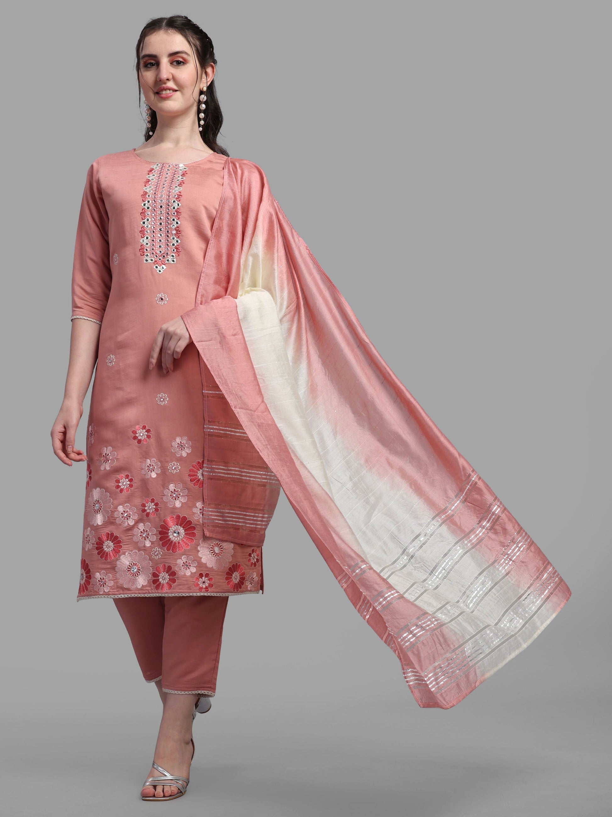 Embroidered Kurta With Pant & Dupatta Set, Multicolor - Hiral Fashion