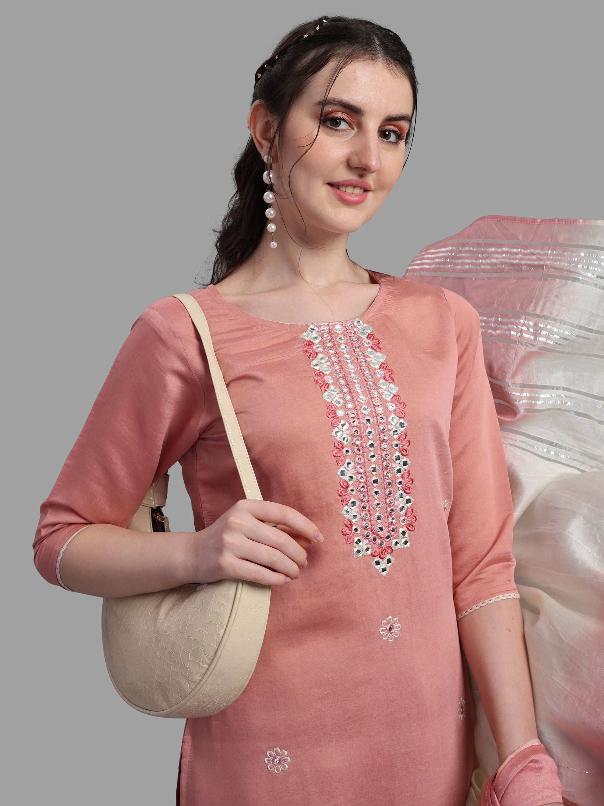 Embroidered Kurta With Pant & Dupatta Set, Multicolor - Hiral Fashion