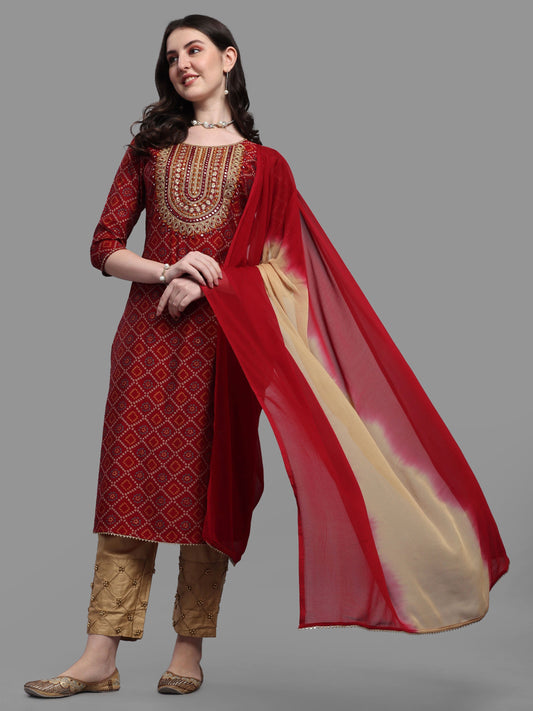Embroidered Bandhani Printed Kurta With Pant & Dupatta Set, Multicolor - Hiral Fashion