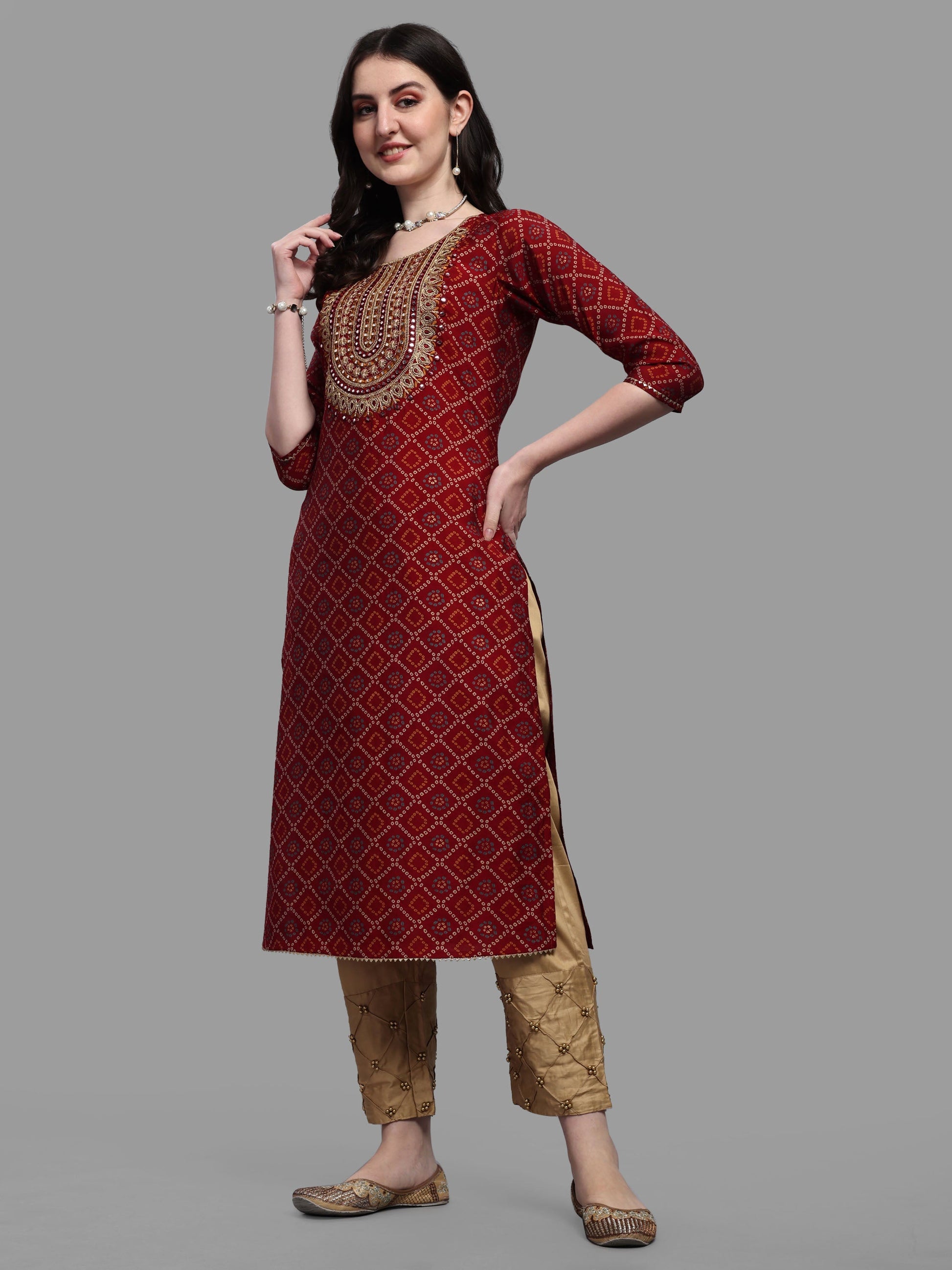Embroidered Bandhani Printed Kurta With Pant & Dupatta Set, Multicolor - Hiral Fashion
