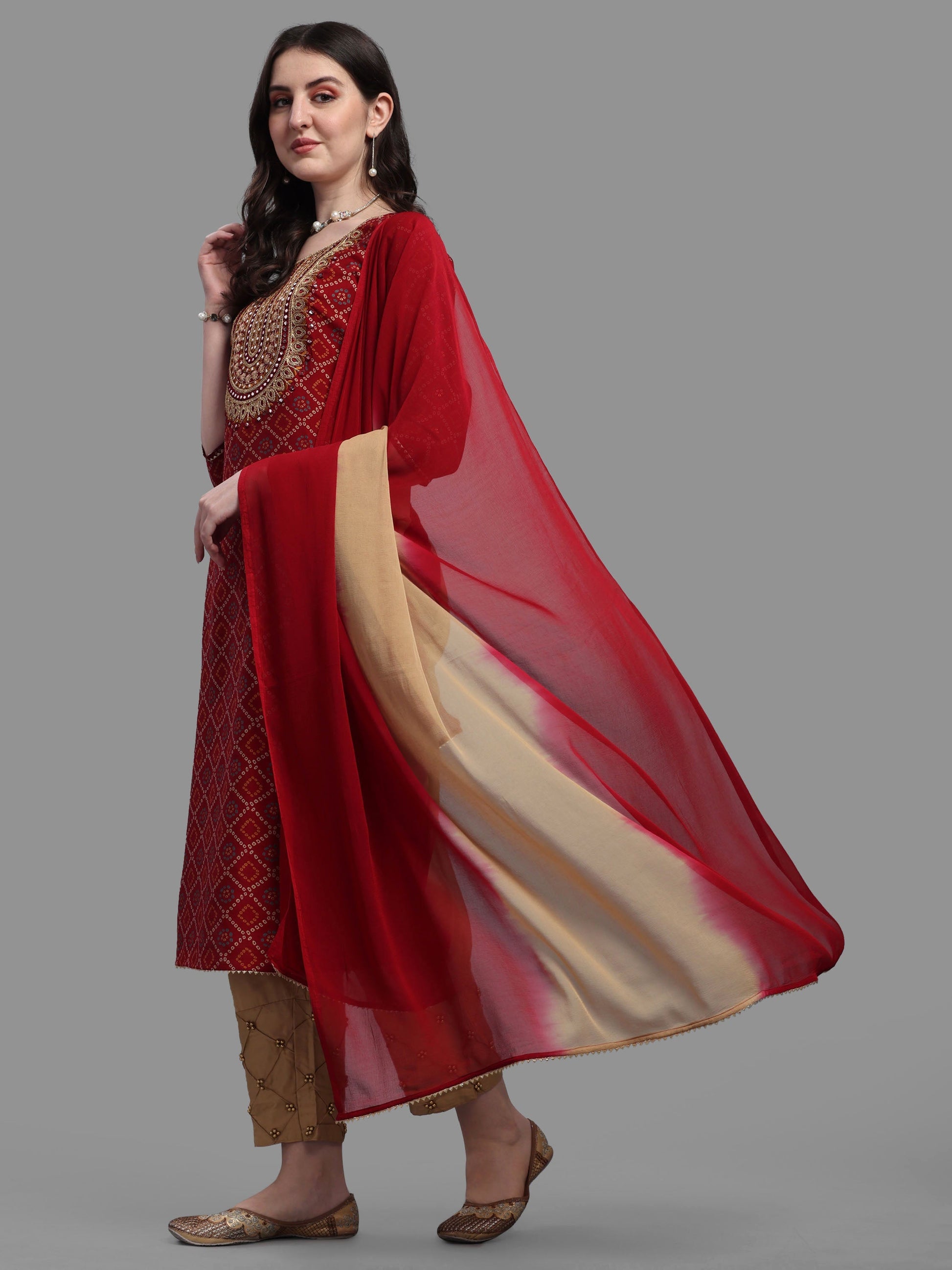 Embroidered Bandhani Printed Kurta With Pant & Dupatta Set, Multicolor - Hiral Fashion