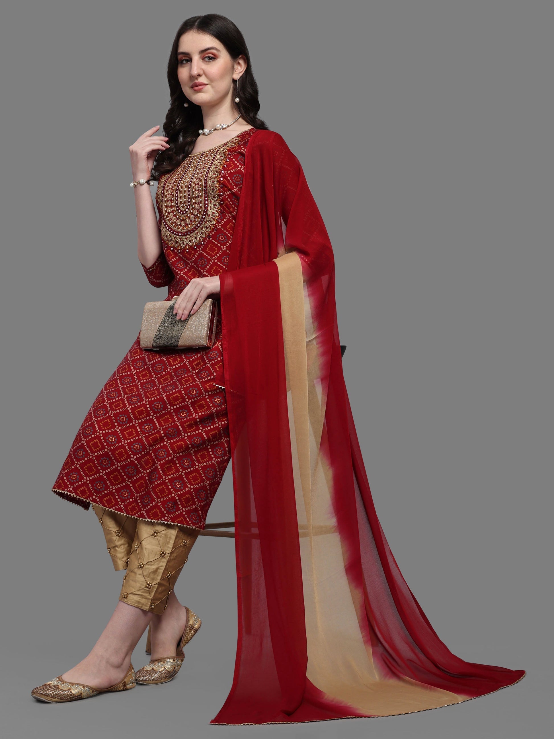 Embroidered Bandhani Printed Kurta With Pant & Dupatta Set, Multicolor - Hiral Fashion