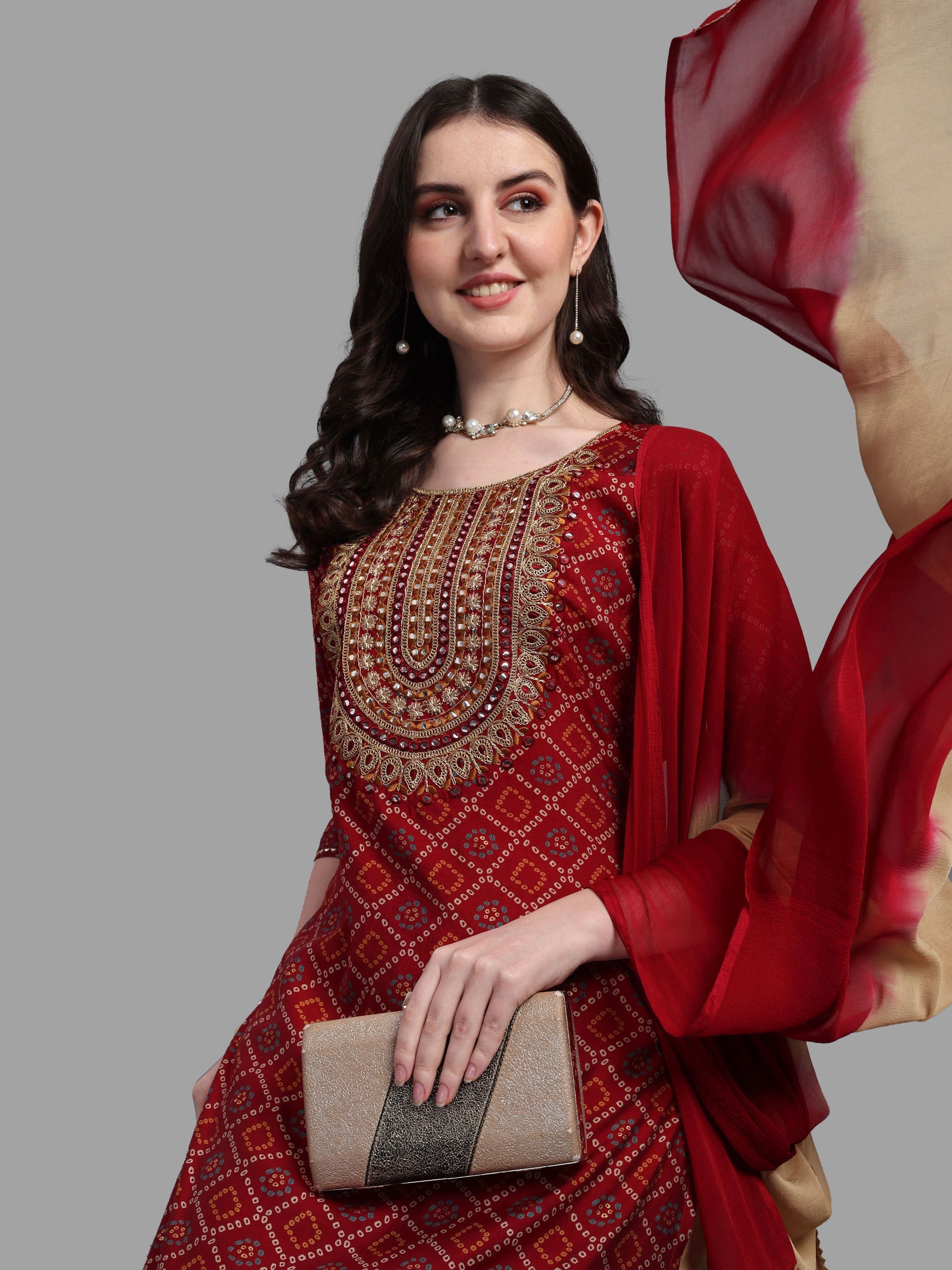 Embroidered Bandhani Printed Kurta With Pant & Dupatta Set, Multicolor - Hiral Fashion