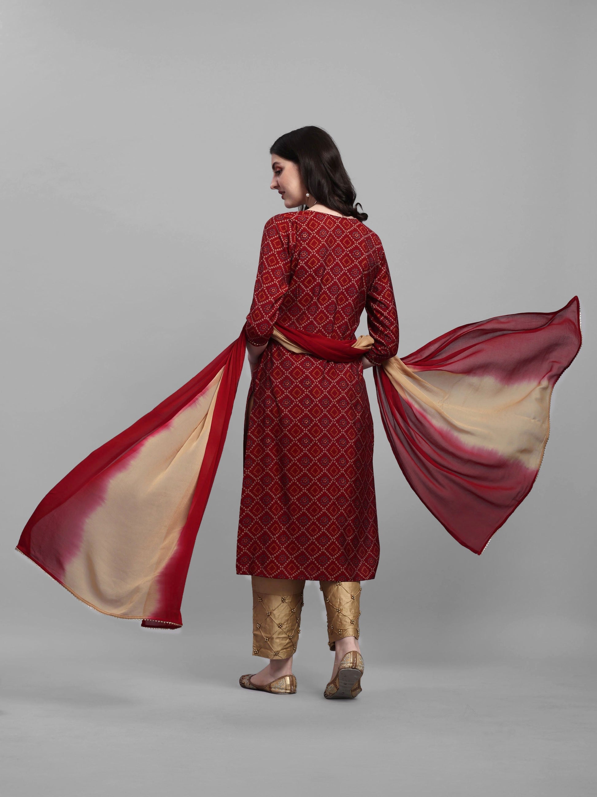 Embroidered Bandhani Printed Kurta With Pant & Dupatta Set, Multicolor - Hiral Fashion