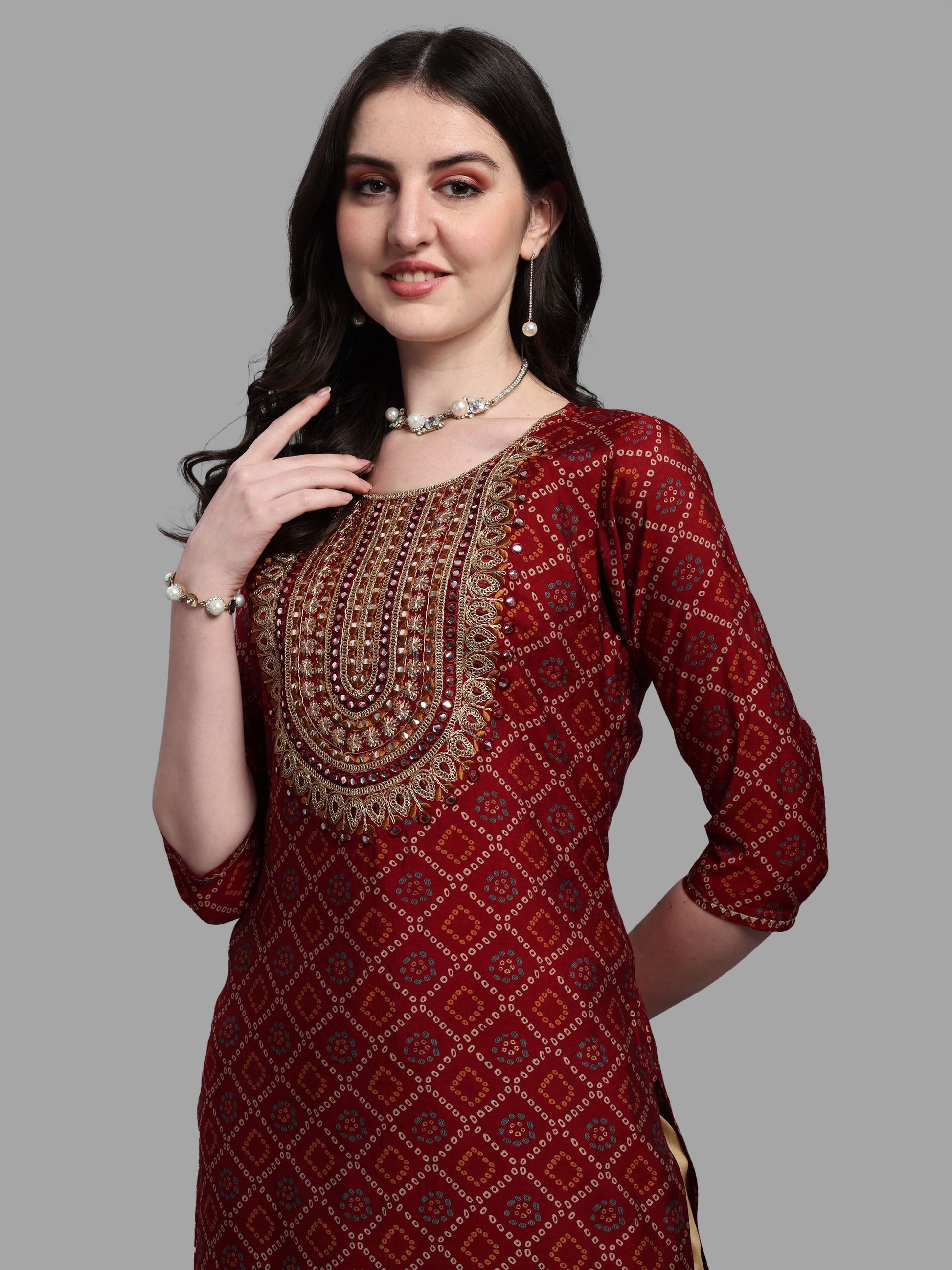 Embroidered Bandhani Printed Kurta With Pant & Dupatta Set, Multicolor - Hiral Fashion
