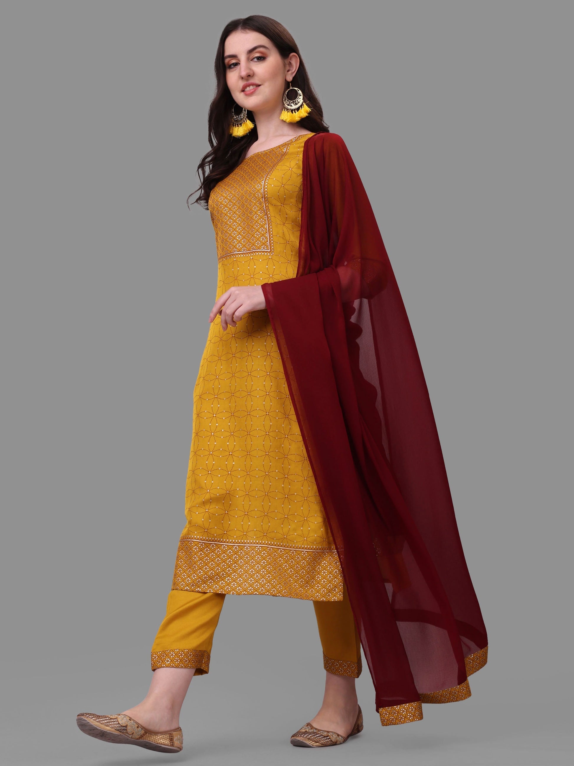 Embroidered Printed Kurta With Pant And Dupatta Set, Multicolor - Hiral Fashion