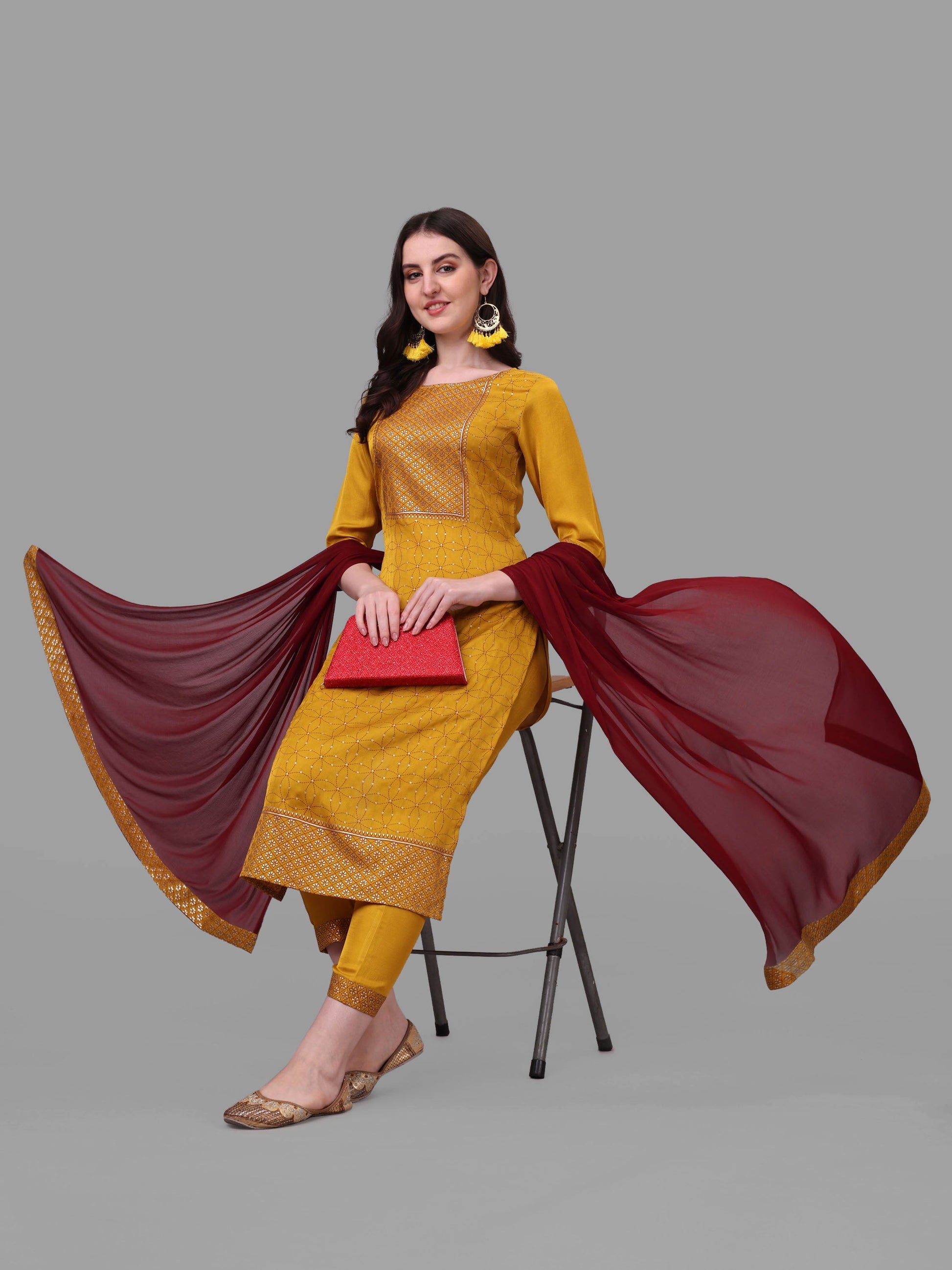 Embroidered Printed Kurta With Pant And Dupatta Set, Multicolor - Hiral Fashion