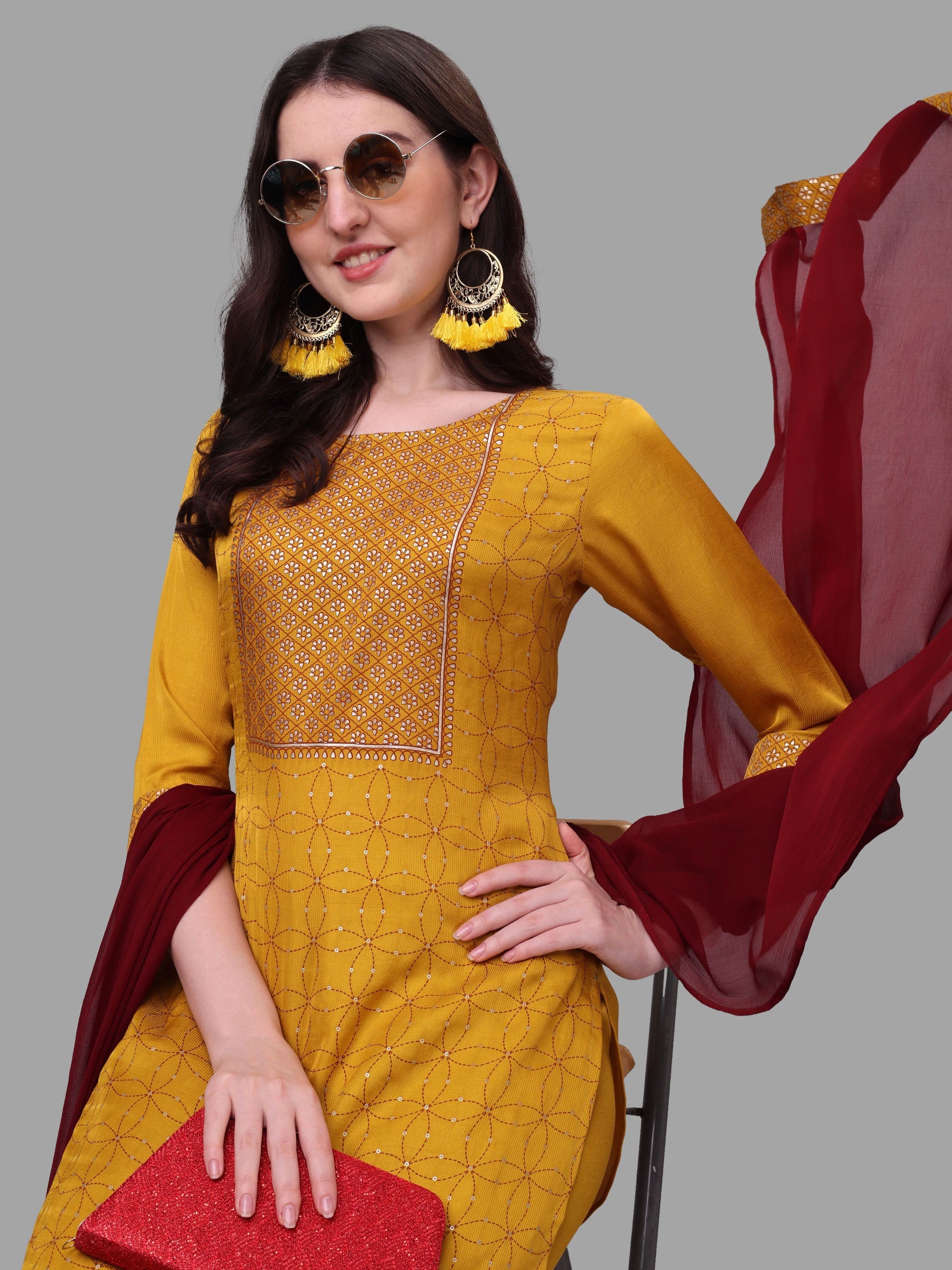 Embroidered Printed Kurta With Pant And Dupatta Set, Multicolor - Hiral Fashion