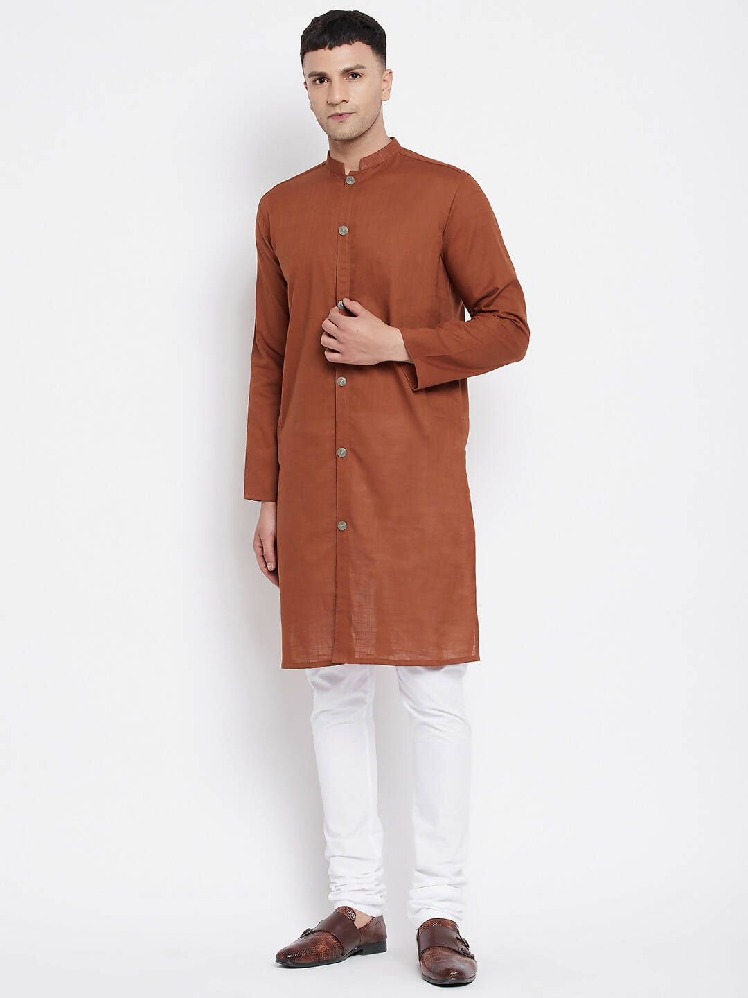 Even Apparels Brown Pure Cotton Men's Sherwani Kurta With Open Front 