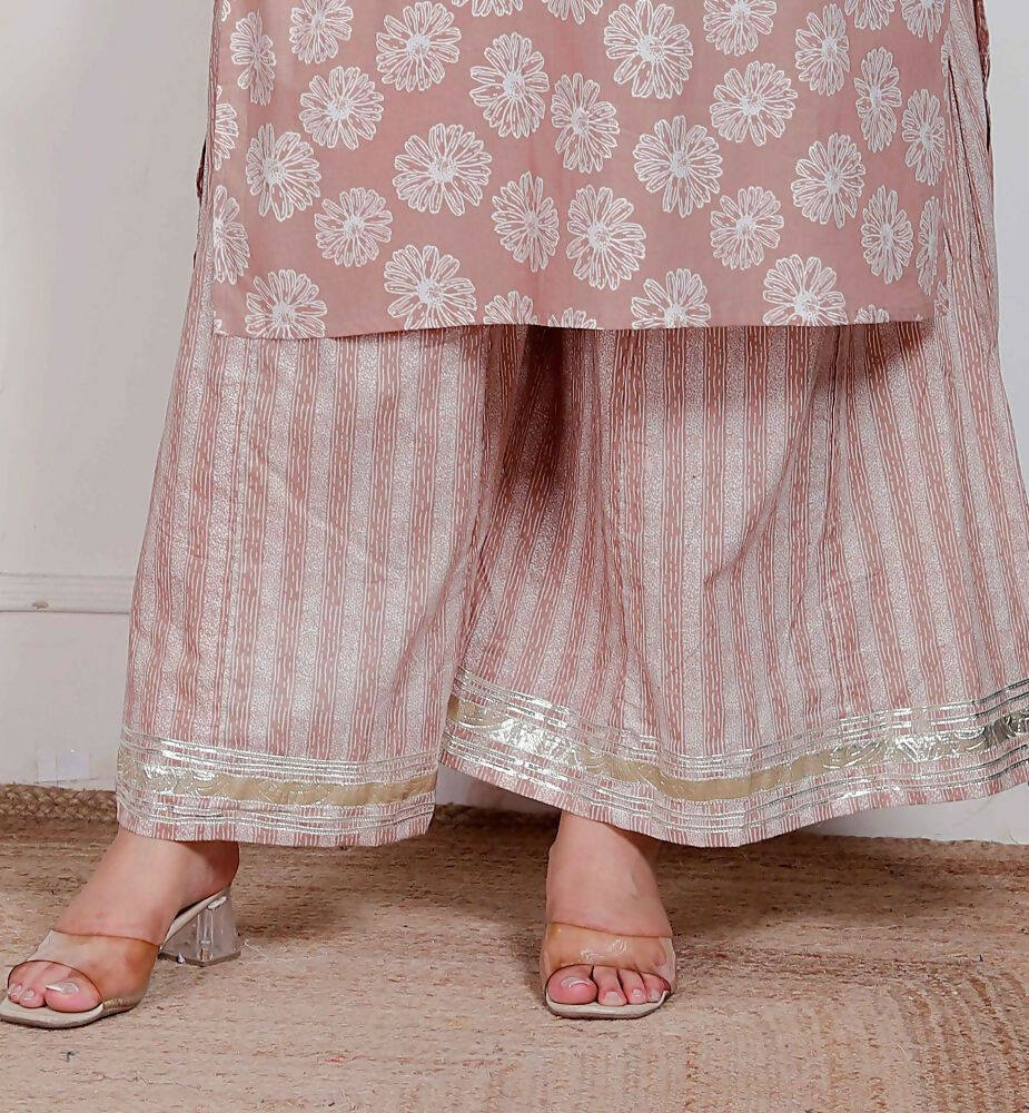 Miravan Plus Size Women Brown Floral Printed Cotton Straight Ethnic Kurta With Palazzo And Dupatta
