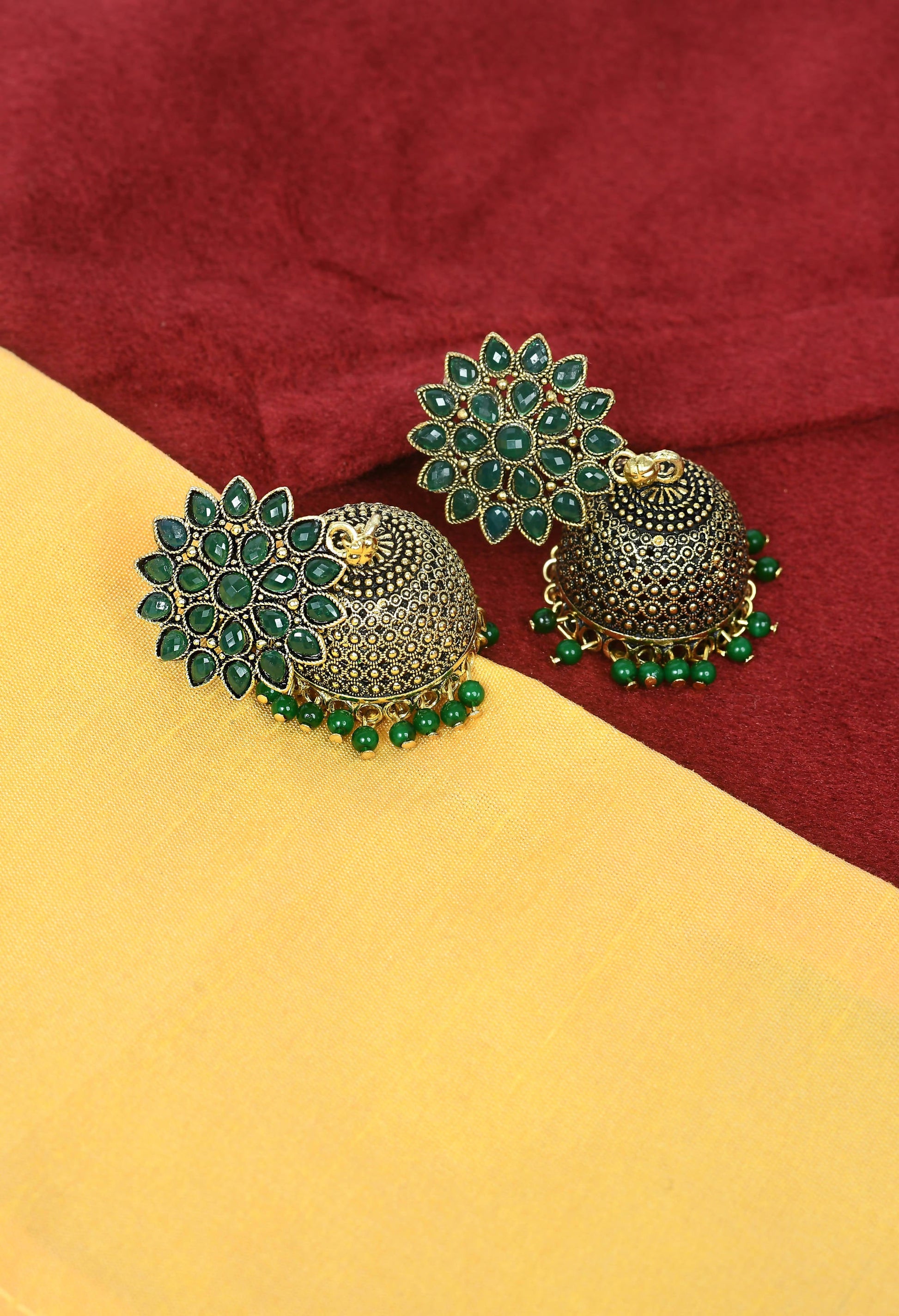 Mominos Fashion Johar Kamal Beautiful Kundan Work Jhumka With Green Beads - Grab2buy