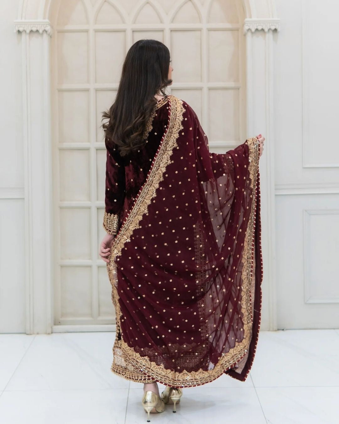 Prazu Fashion Maroon Viscose Velvet Embroidered Sequins Salwar Suit