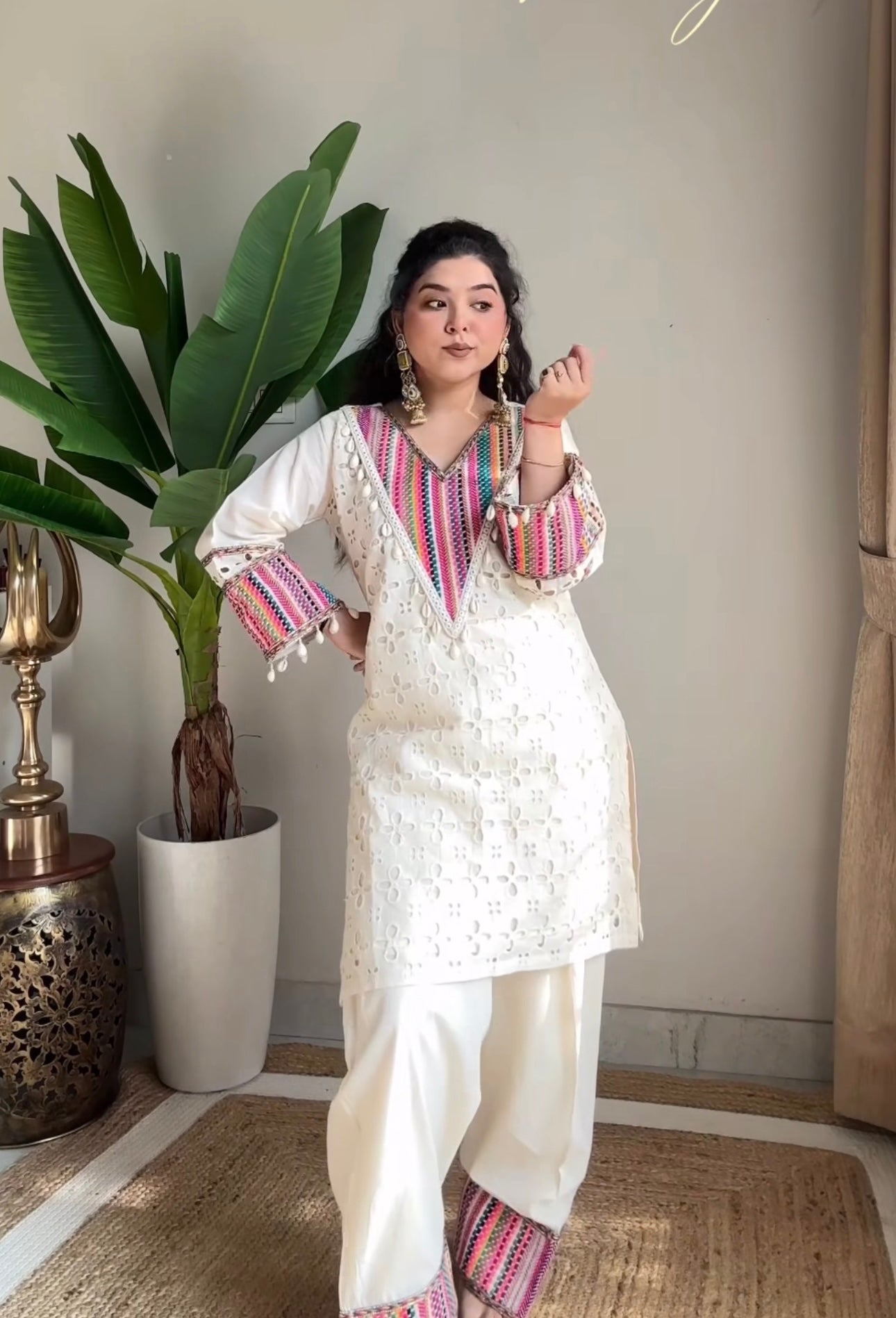 Prazu Fashion Off White Khadi Cotton Schiffli Work Co-Ord Set 