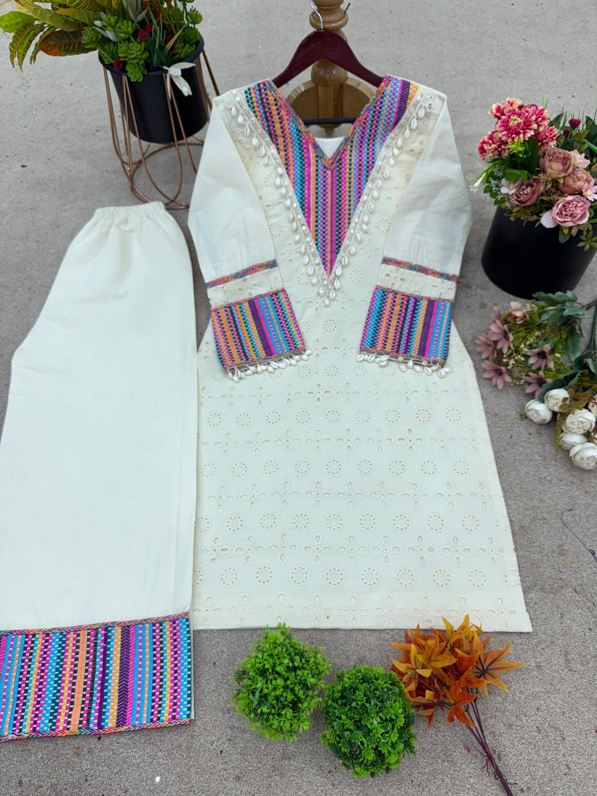 Prazu Fashion Off White Khadi Cotton Schiffli Work Co-Ord Set 