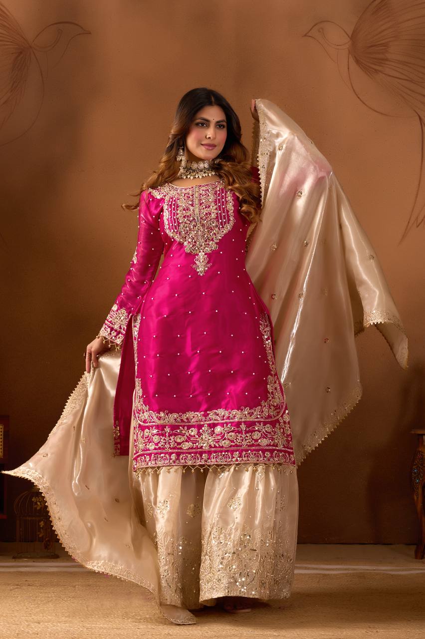 Prazu Fashion Pink Silk Embroidered Coding With Rivet Moti Work Palazzo Suit