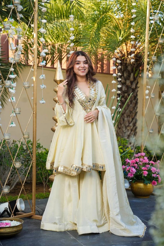 Prazu Fashion Off White Cosmos Zari Silk Thread Mirror Work Palazzo Suit