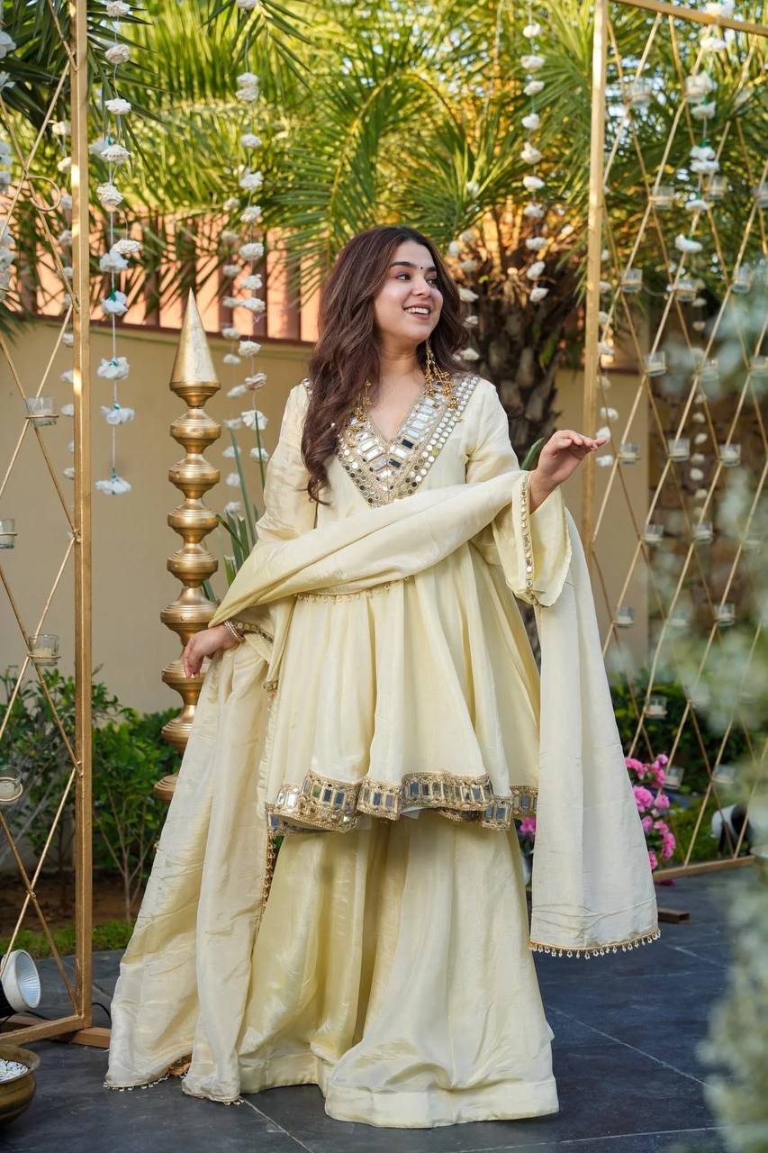 Prazu Fashion Off White Cosmos Zari Silk Thread Mirror Work Palazzo Suit