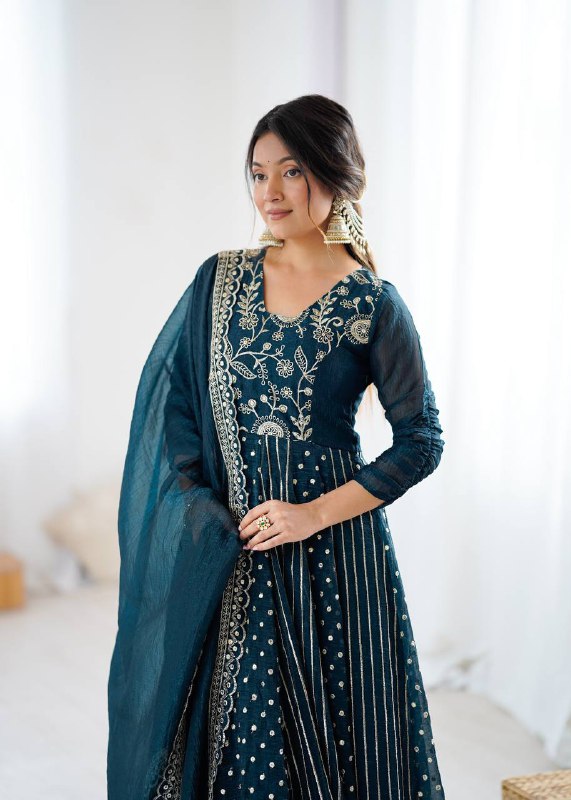 Prazu Fashion Rama Crunchy Silk Embroidered Sequence Anarkali Gown