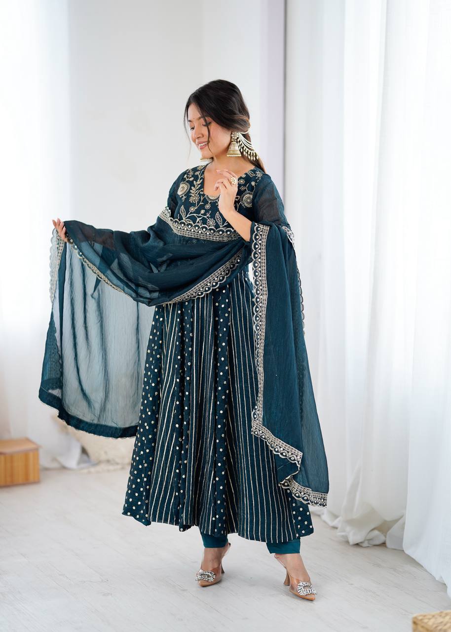Prazu Fashion Rama Crunchy Silk Embroidered Sequence Anarkali Gown