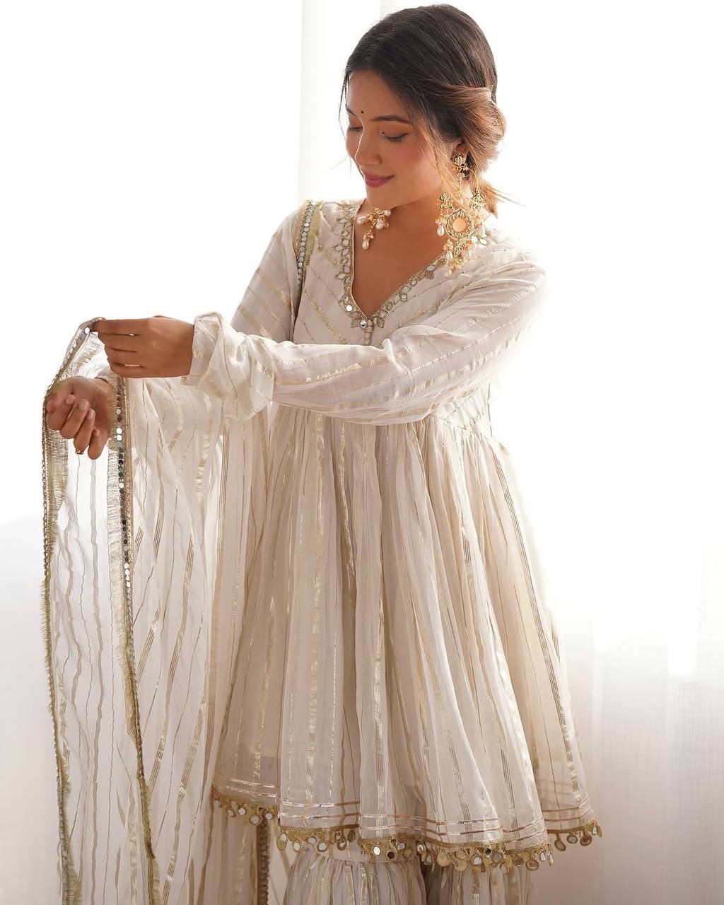 Prazu Fashion Off White Mal Chanderi Silk Mirror Work Designer Sharara Suit
