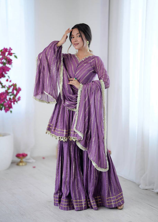 Prazu Fashion Lavender Mal Chanderi Real Mirror With Hand Work Sharara Suit