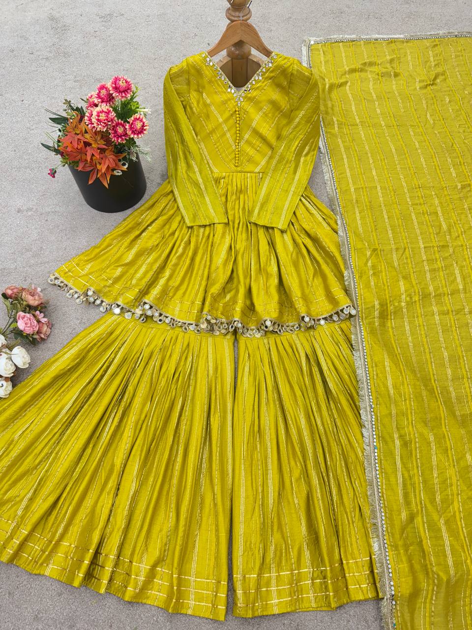 Prazu Fashion Lemon Yellow Mal Chanderi Real Mirror With Hand Work Sharara Suit