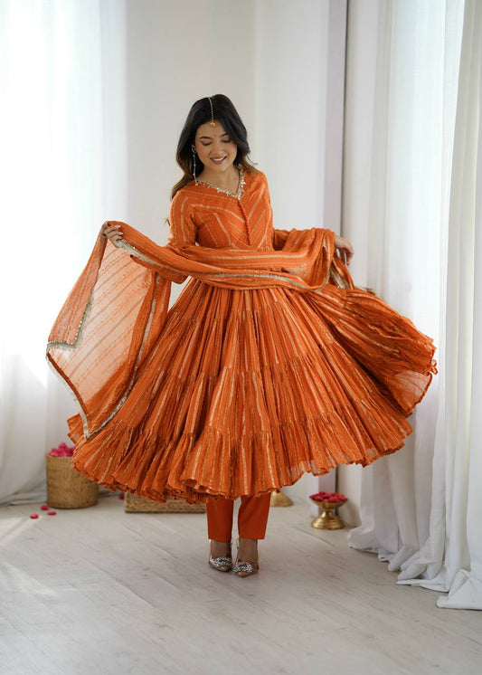 Prazu Fashion Orange Mal Chanderi Silk Real Mirror With Hand Work Anarkali Suit