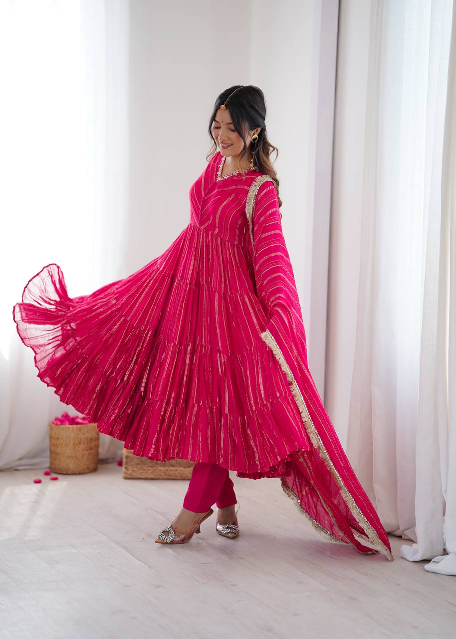 Prazu Fashion Pink Mal Chanderi Silk Real Mirror With Hand Work Anarkali Suit
