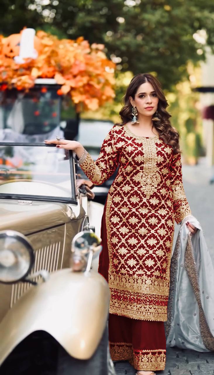 Prazu Fashion Maroon Georgette Chain Stitch Embroidered Sequins Beads Work Salwar Suit