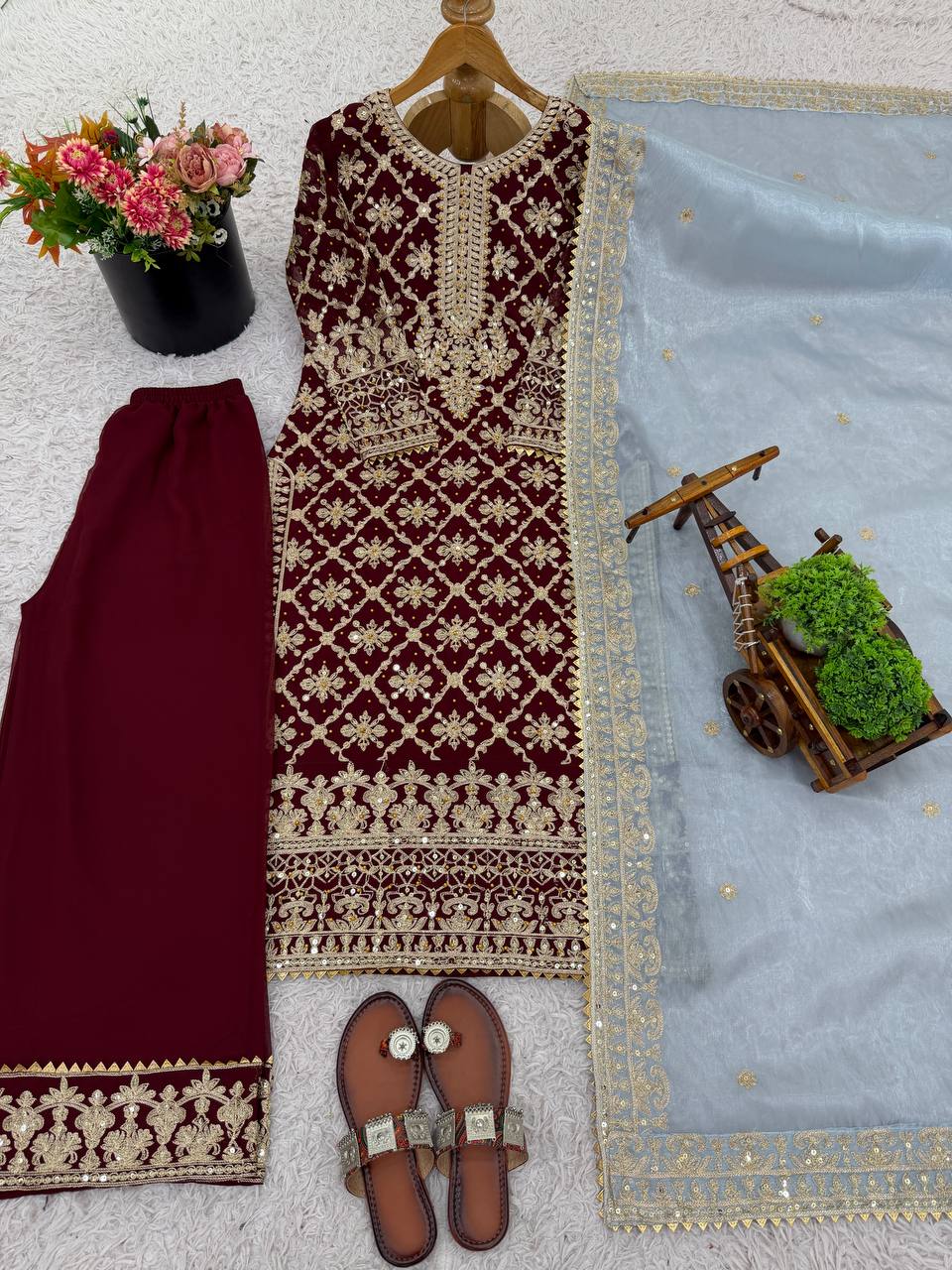 Prazu Fashion Maroon Georgette Chain Stitch Embroidered Sequins Beads Work Salwar Suit