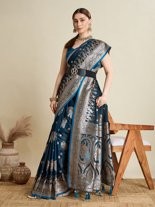 Dwija Fashion Deep Teal Blue Wedding Wear Satin Jari Motifs All Over Pallu And Saree With Unstitched Blouse