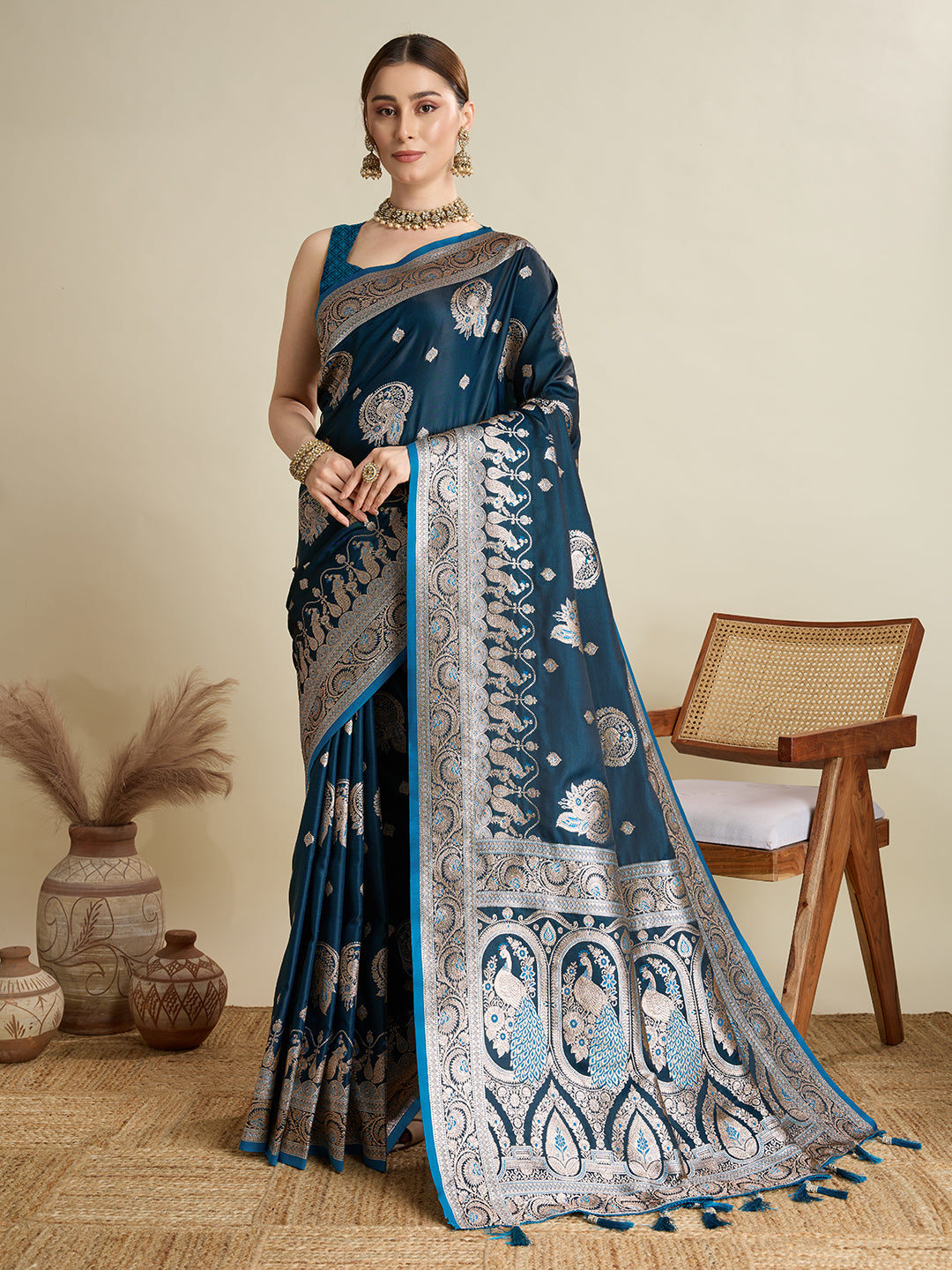 Dwija Fashion Deep Teal Blue Wedding Wear Satin Jari Motifs All Over Pallu And Saree With Unstitched Blouse