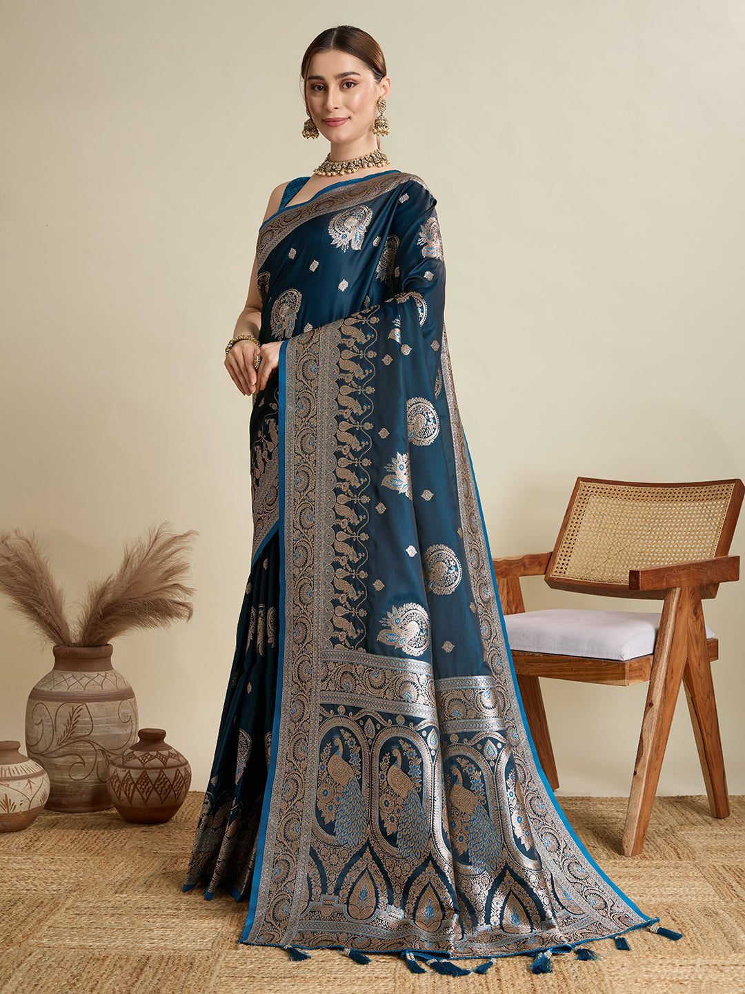 Dwija Fashion Deep Teal Blue Wedding Wear Satin Jari Motifs All Over Pallu And Saree With Unstitched Blouse