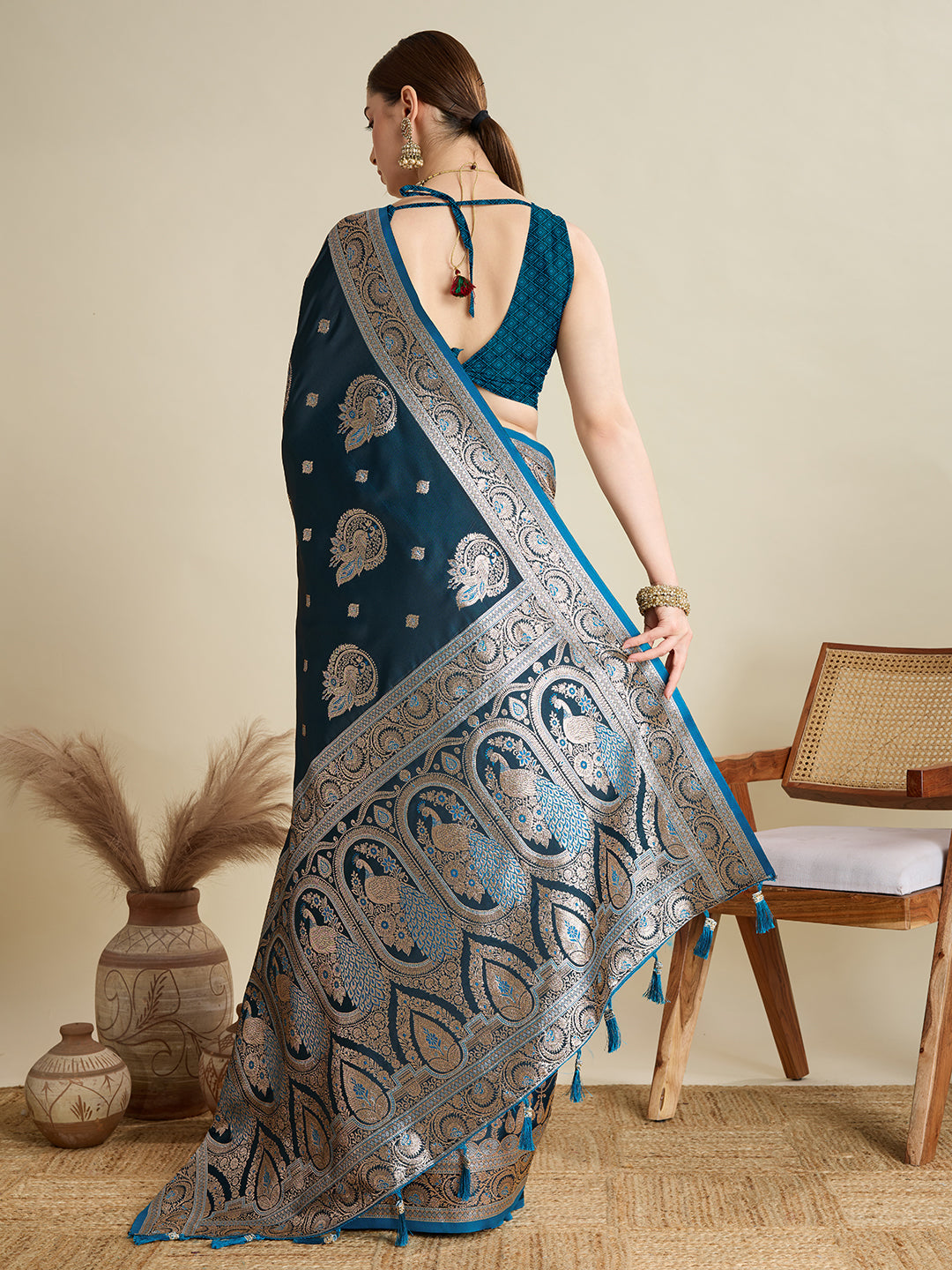 Dwija Fashion Deep Teal Blue Wedding Wear Satin Jari Motifs All Over Pallu And Saree With Unstitched Blouse