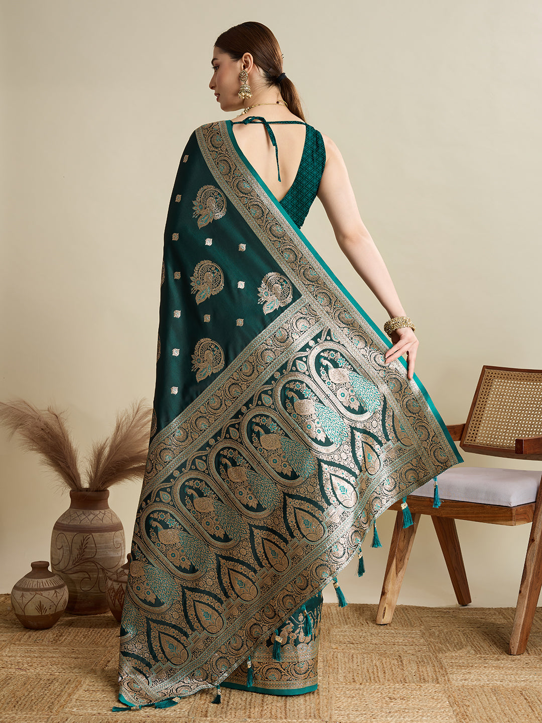 Dwija Fashion Green Wedding Wear Satin Jari Motifs All Over Pallu And Saree With Unstitched Blouse