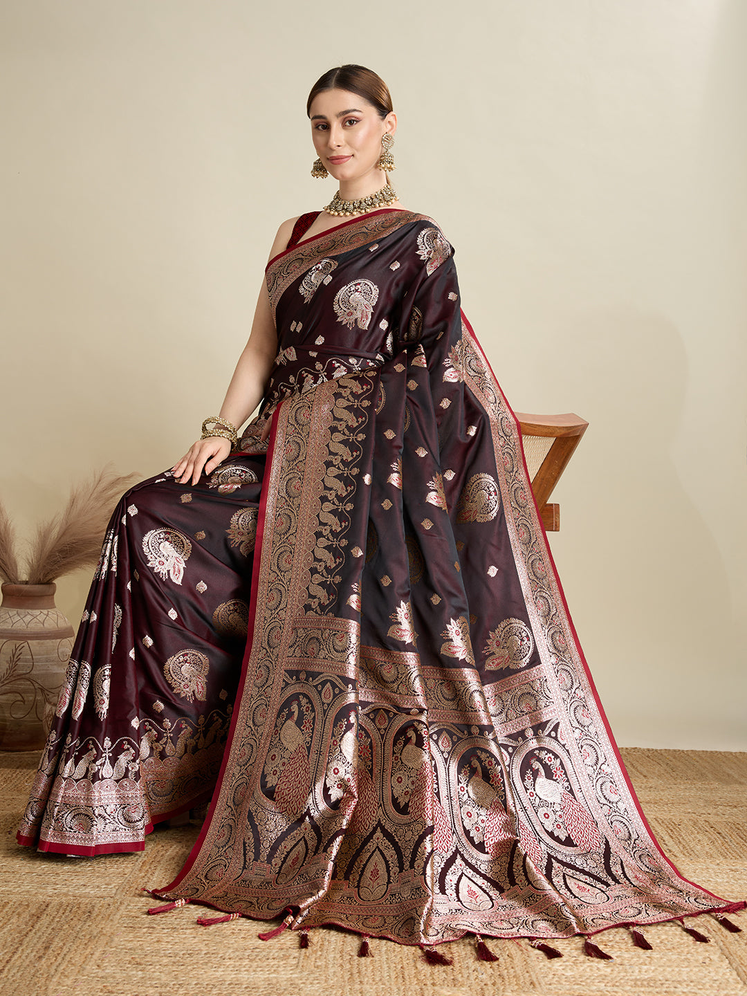 Dwija Fashion Deep Maroon Wedding Wear Satin Jari Motifs All Over Pallu And Saree With Unstitched Blouse