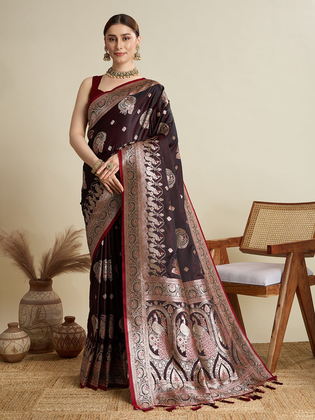 Dwija Fashion Deep Maroon Wedding Wear Satin Jari Motifs All Over Pallu And Saree With Unstitched Blouse