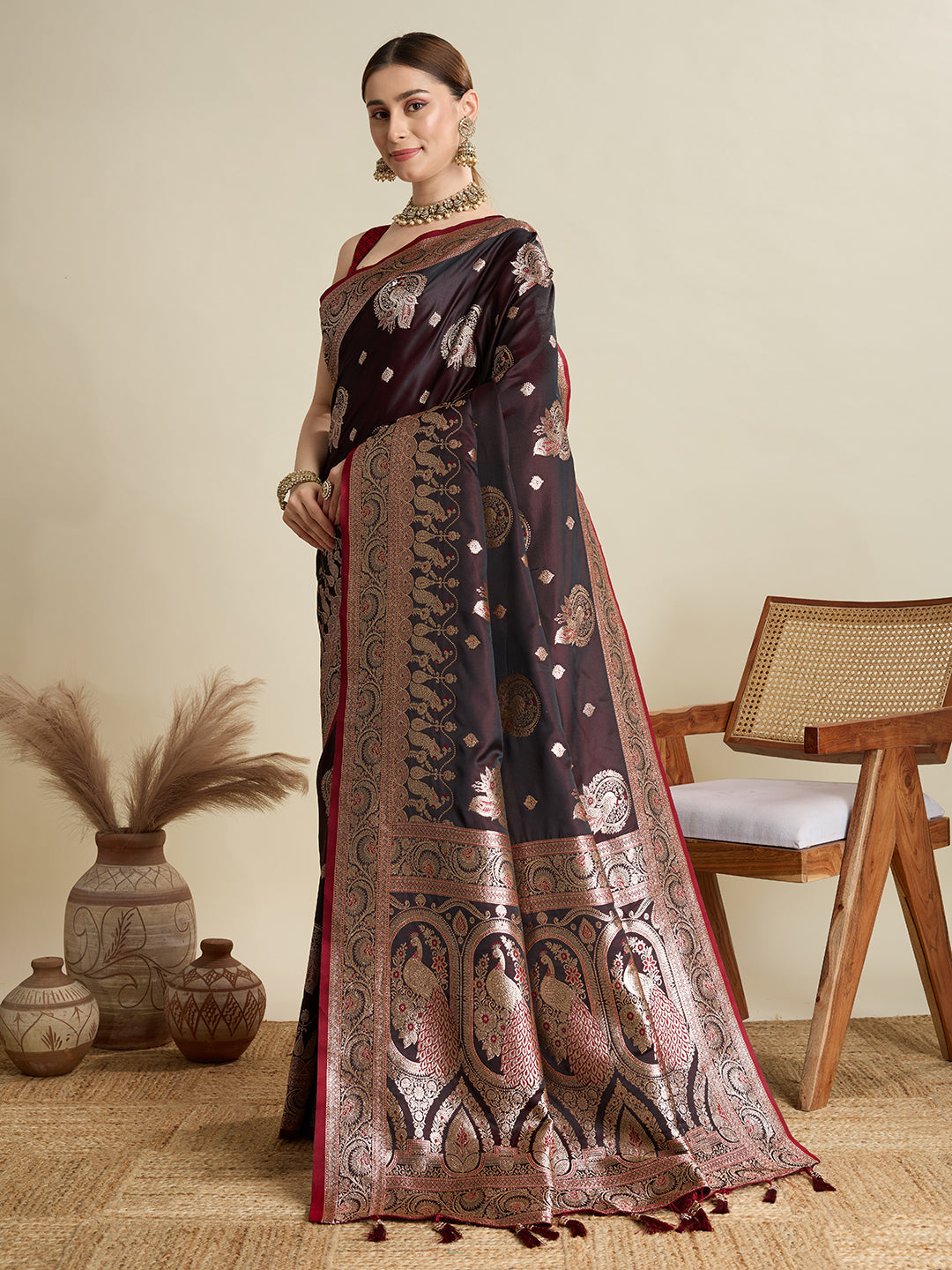 Dwija Fashion Deep Maroon Wedding Wear Satin Jari Motifs All Over Pallu And Saree With Unstitched Blouse