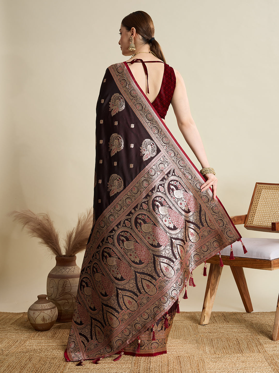 Dwija Fashion Deep Maroon Wedding Wear Satin Jari Motifs All Over Pallu And Saree With Unstitched Blouse