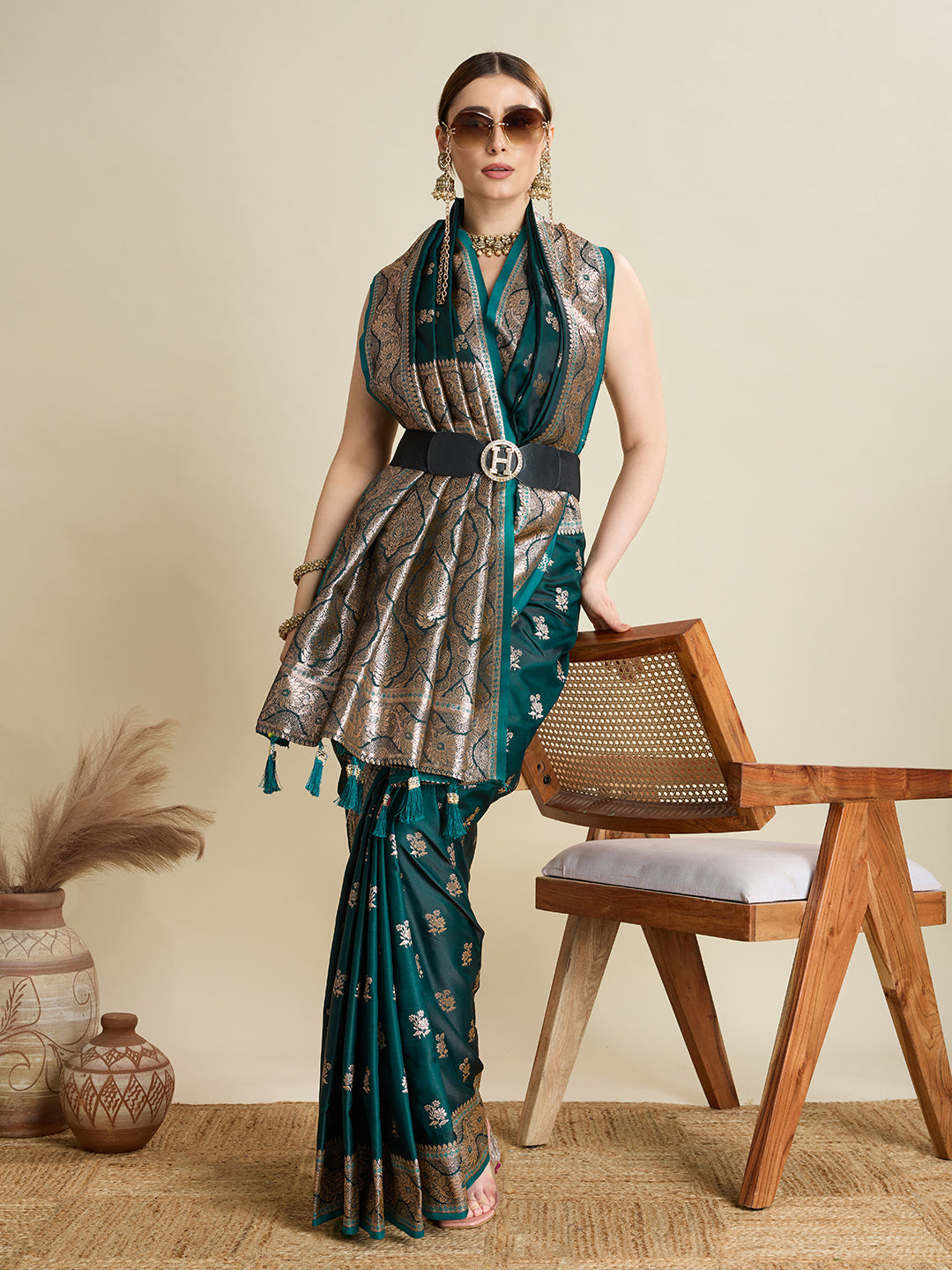 Dwija Fashion Green Wedding Wear Satin Jari Motifs All Over Pallu And Saree With Unstitched Blouse