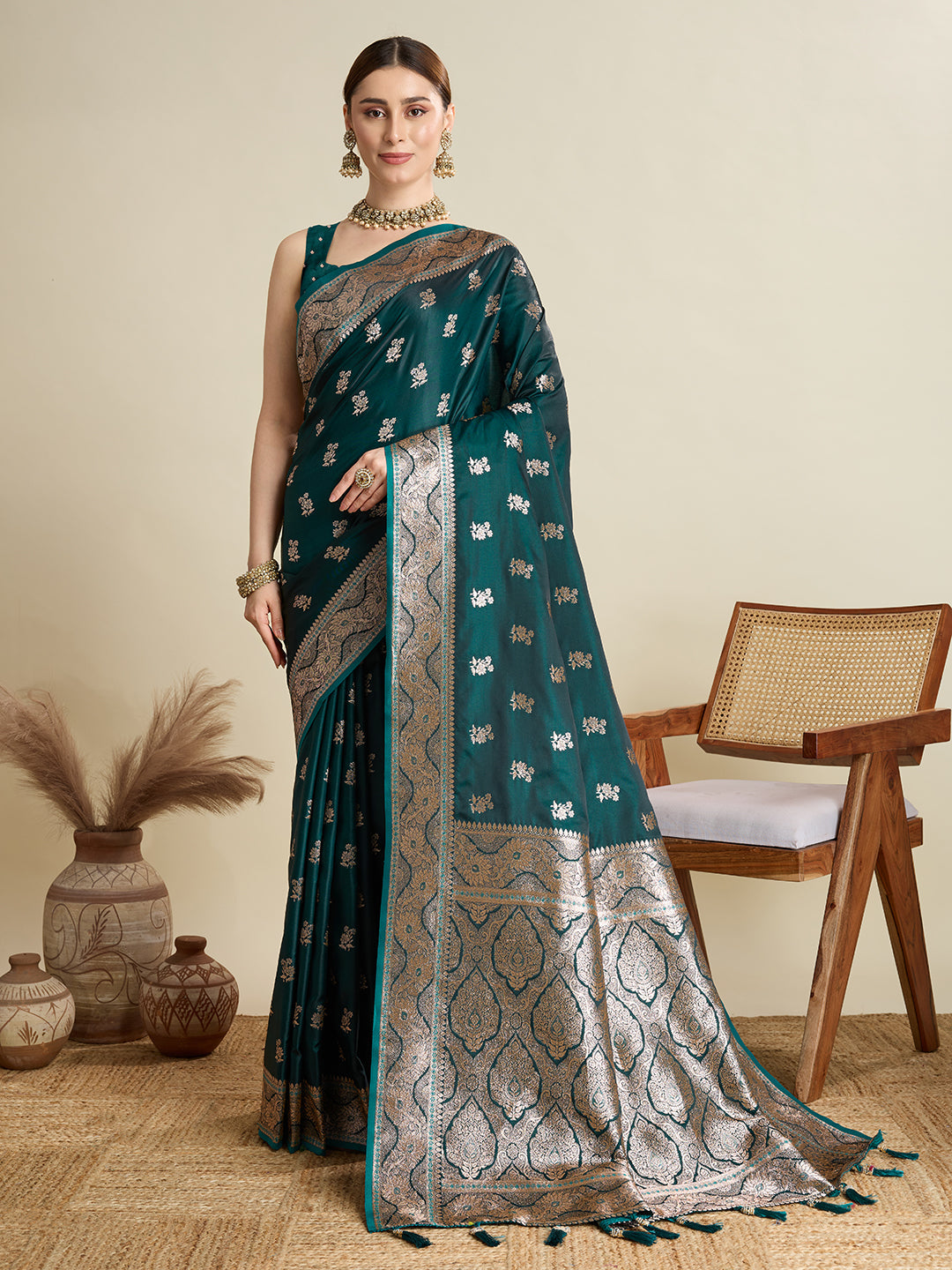 Dwija Fashion Green Wedding Wear Satin Jari Motifs All Over Pallu And Saree With Unstitched Blouse