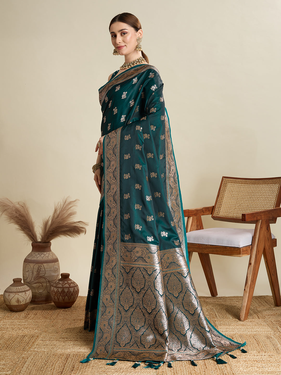 Dwija Fashion Green Wedding Wear Satin Jari Motifs All Over Pallu And Saree With Unstitched Blouse